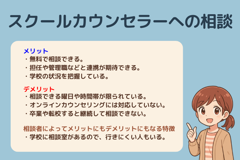 スクールカウンセラーへ相談するメリットデメリットの説明