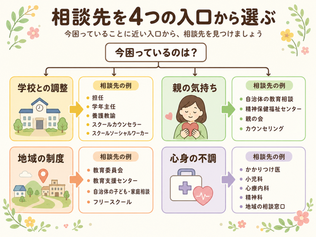 相談先表を、4つの入口から選べるフローチャートにした。「学校との調整」「親の気持ち」「地域の制度」「心身の不調」