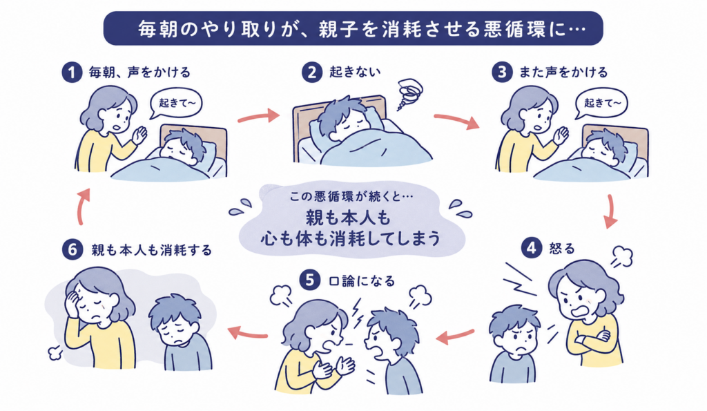 毎朝、声をかける、起きない、また声をかける、怒る、口論になる、親も本人も消耗する、という悪循環