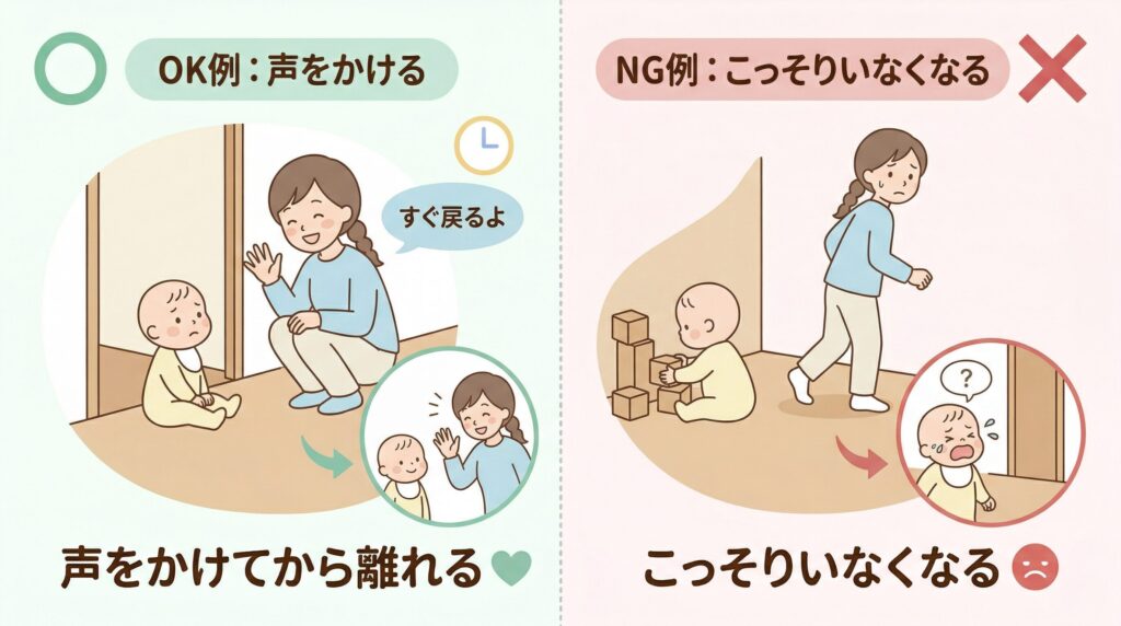 トイレで離れるときの対応比較：声をかけてから離れるOK対応と、こっそりいなくなるNG対応