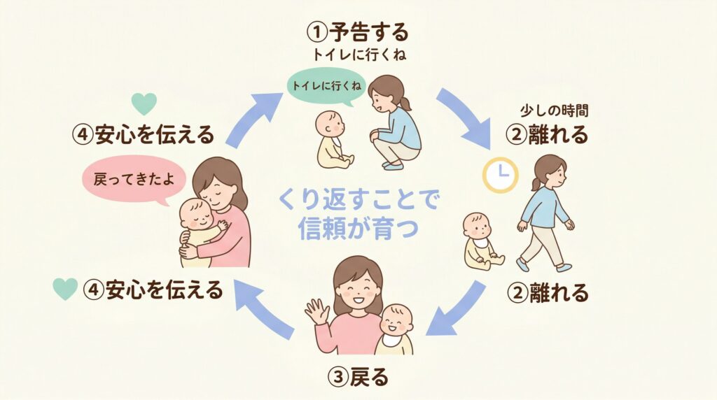 分離不安の対応について。①予告する②離れる③戻る④愛情を伝えるというループ図