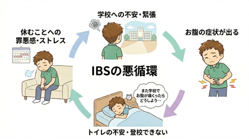 「過敏性腸症候群（IBS）の悪循環サイクル：学校への不安→お腹の症状→登校できない→罪悪感とストレス→さらに不安が強まる、という4段階の循環を示すイラスト」