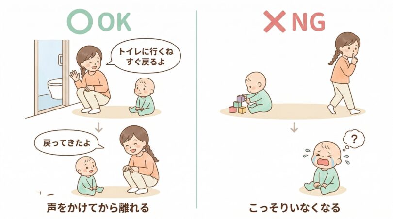 トイレで離れるときの対応比較:声をかけてから離れるOK対応と、こっそりいなくなるNG対応