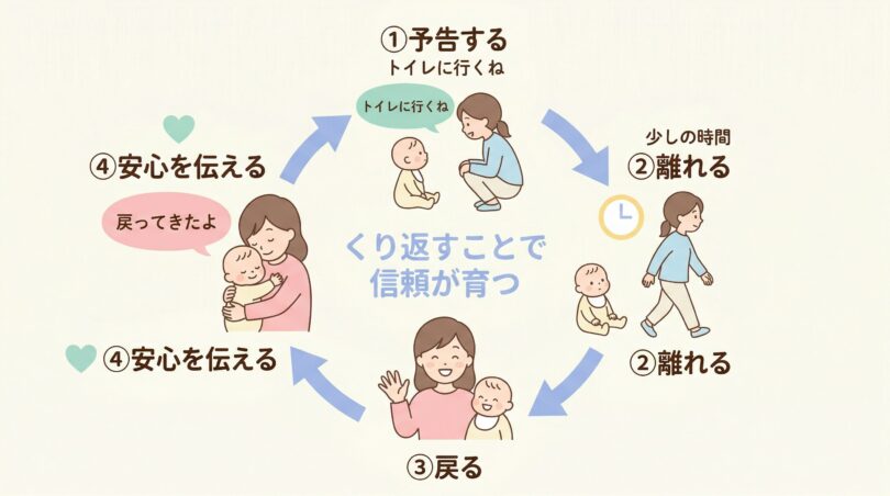 分離不安への対応サイクル:予告する・離れる・戻る・安心を伝えるの4ステップ